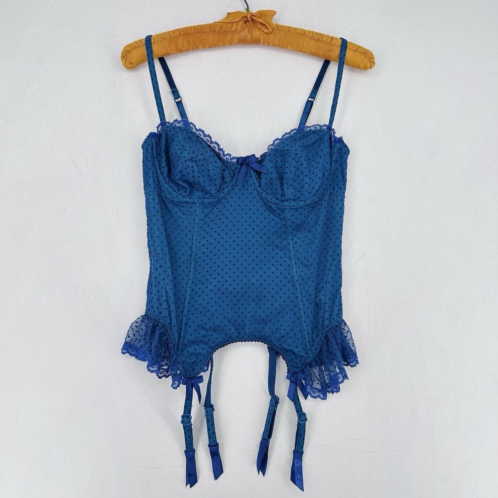 VTG Victoria's Secret Corset VS Sexy Little Things 36C Blue‎ Dots Lingerie Teddy